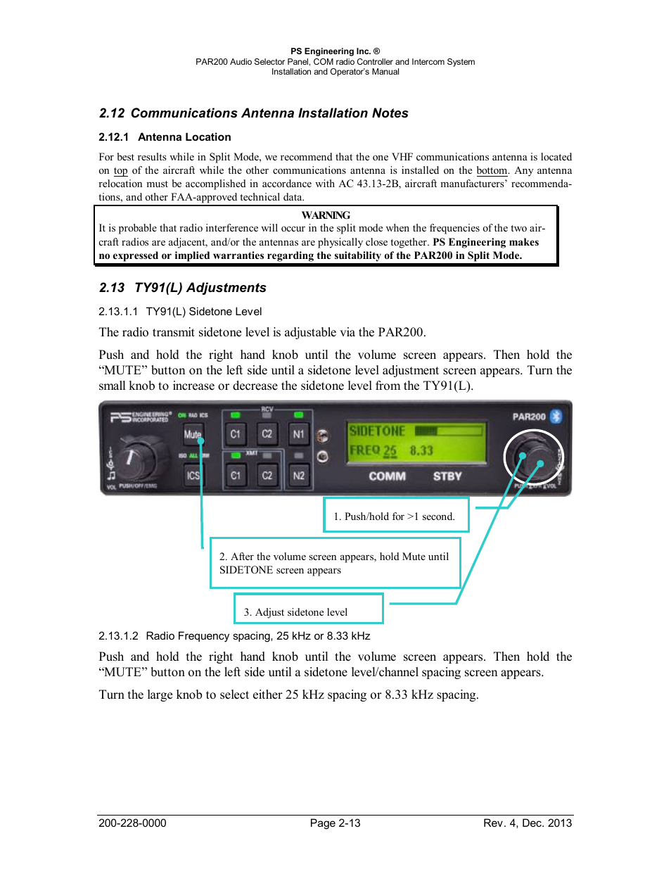 Communications antenna installation notes, Antenna location, Ty91(l) adjustments | Ommunications, Ntenna, Nstallation, Otes, Ocation, Ty91, Djustments | PS Engineering PAR200 User Manual | Page 20 / 43
