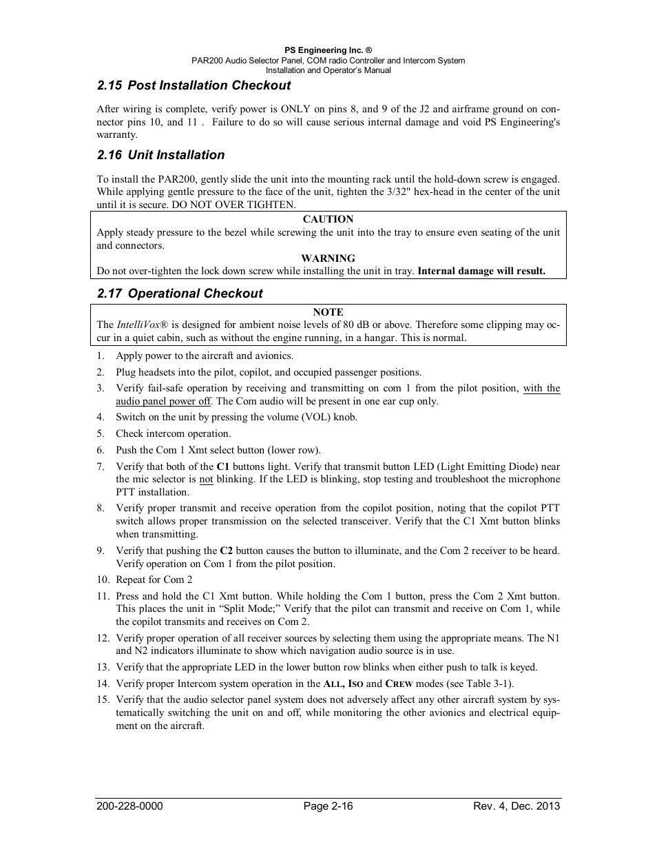 Post installation checkout, Unit installation, Operational checkout | Nstallation, Heckout, Perational | PS Engineering PAR200 User Manual | Page 23 / 43
