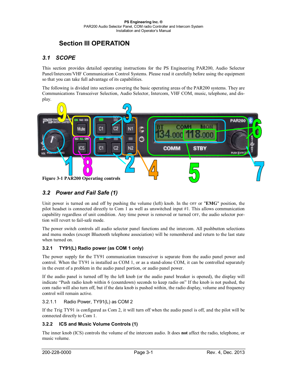 Section iii operation, Scope, Power and fail safe (1) | Ty91(l) radio power (as com 1 only), Ics and music volume controls (1), Section iii operation -1, Scope -1, Ower and, Ty91, Adio power | PS Engineering PAR200 User Manual | Page 25 / 43