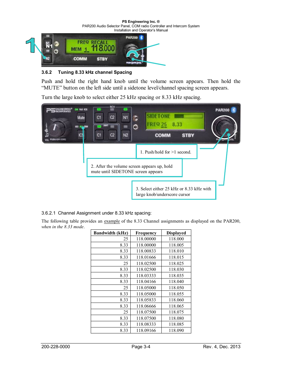 Tuning 8.33 khz channel spacing, Uning, Z channel | Pacing | PS Engineering PAR200 User Manual | Page 28 / 43