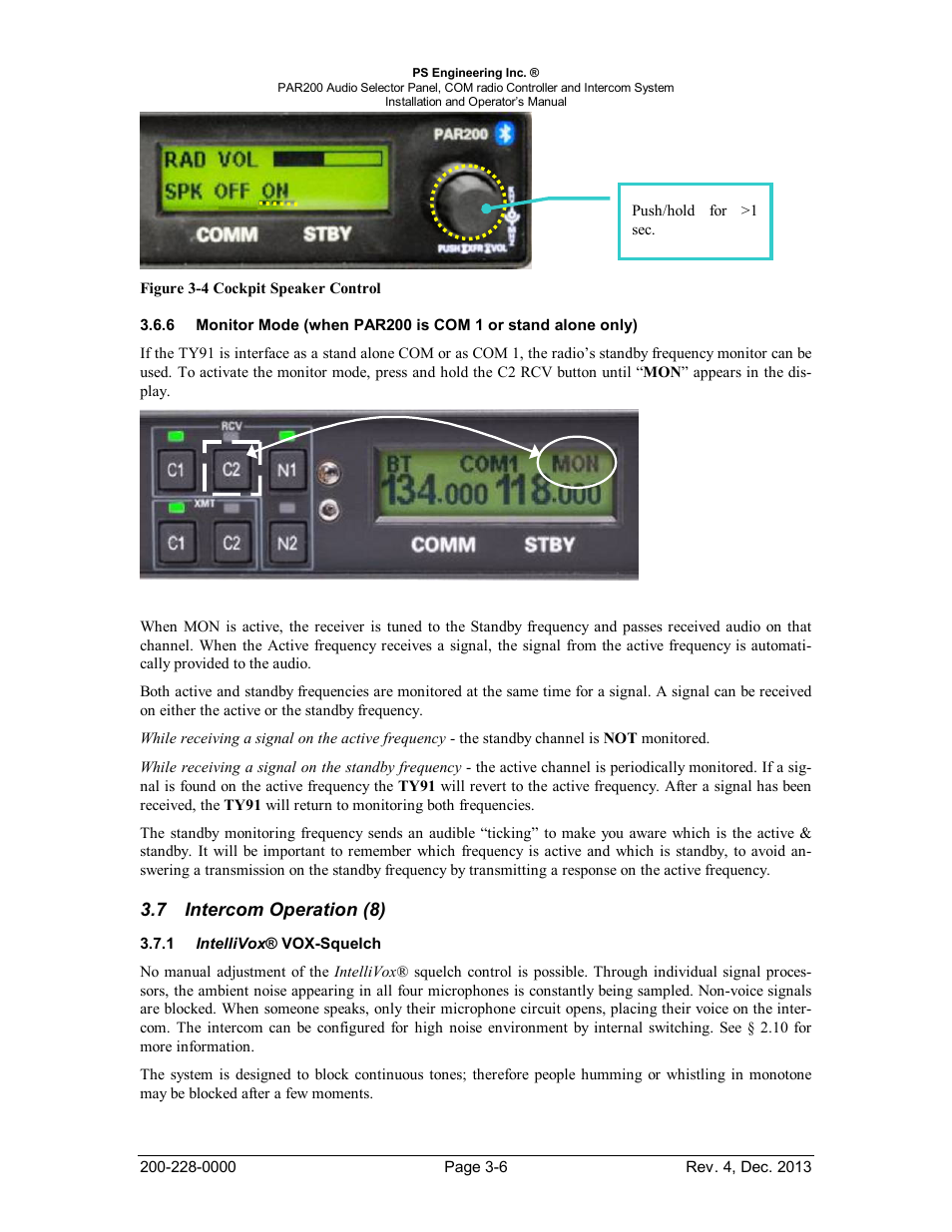 Intercom operation (8), Intellivox® vox-squelch, Onitor | When, Par200, Or stand alone only, Ntercom, Peration, Ntelli, Vox-s | PS Engineering PAR200 User Manual | Page 30 / 43