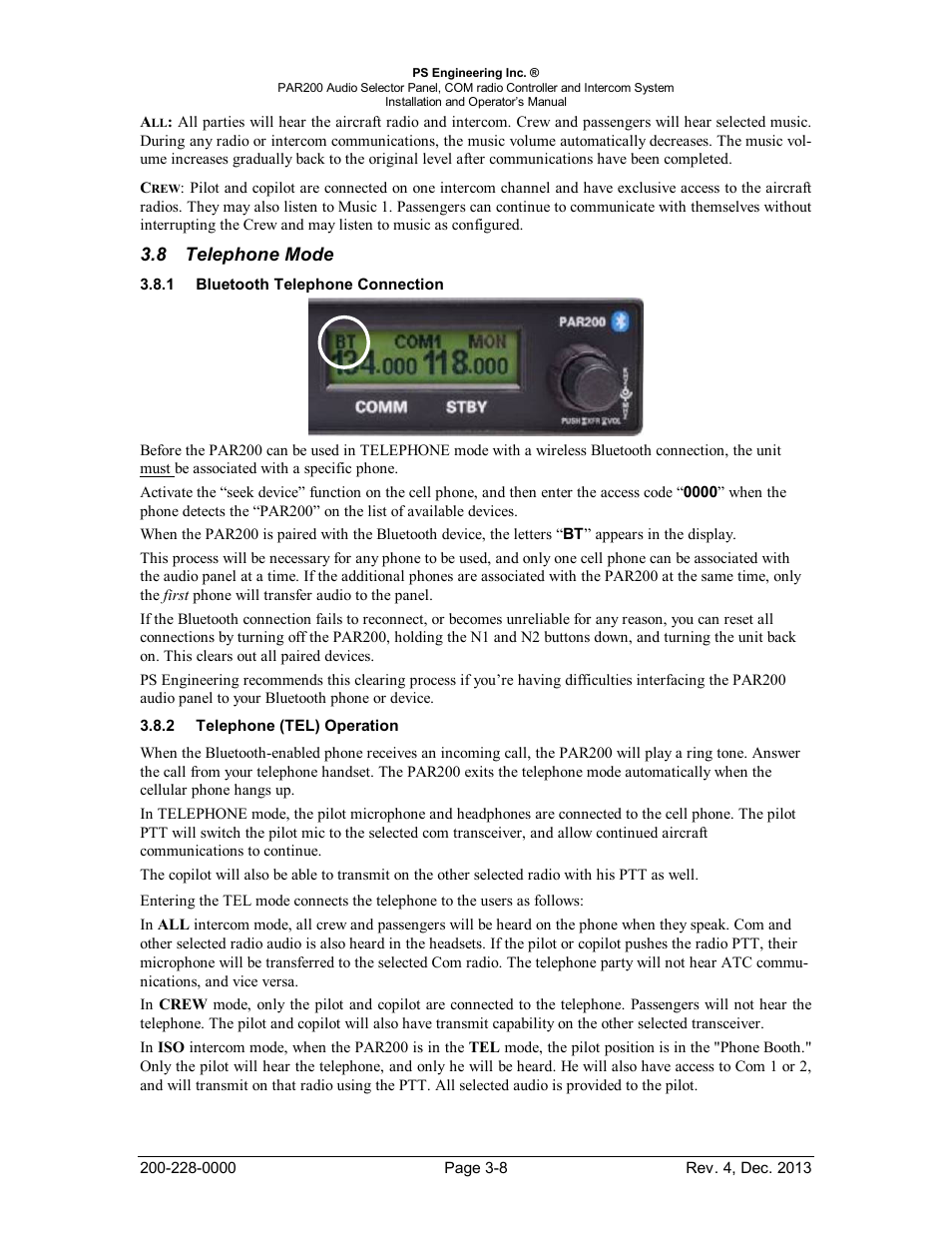 Telephone mode, Bluetooth telephone connection, Telephone (tel) operation | Elephone, Luetooth, Onnection, Tel), Peration | PS Engineering PAR200 User Manual | Page 32 / 43