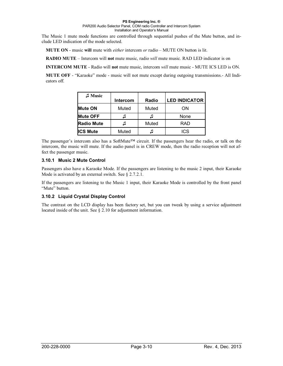Music 2 mute control, Liquid crystal display control, Usic | Ontrol, Iquid, Rystal, Isplay | PS Engineering PAR200 User Manual | Page 34 / 43