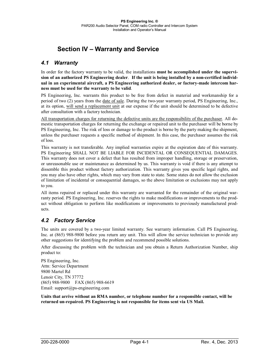 Section iv – warranty and service, Warranty, Factory service | Section iv – warranty and service -1, Arranty, Actory, Ervice | PS Engineering PAR200 User Manual | Page 35 / 43