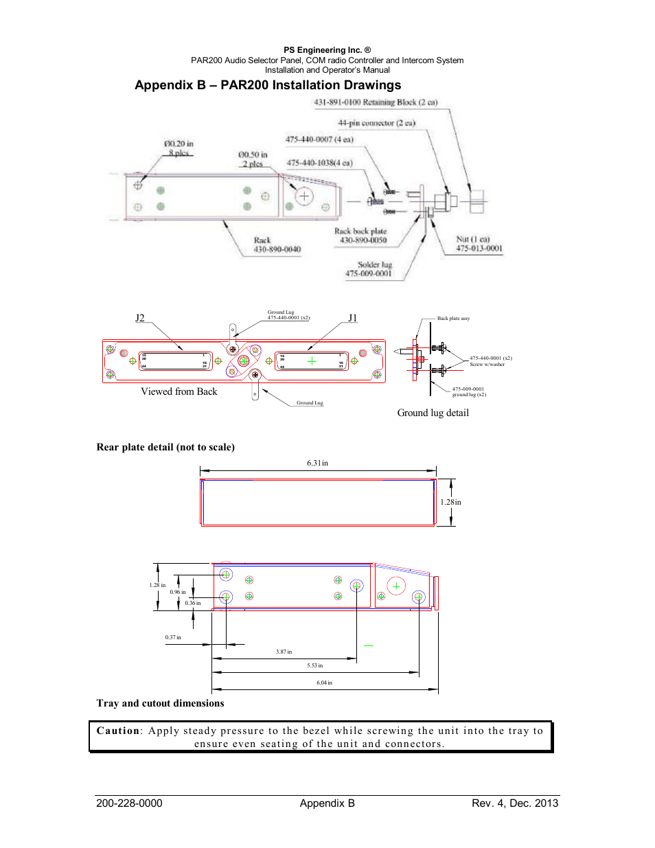 Appendix b – par200 installation drawings, J2 j1 viewed from back, Ground lug detail rear plate detail (not to scale) | PS Engineering PAR200 User Manual | Page 37 / 43