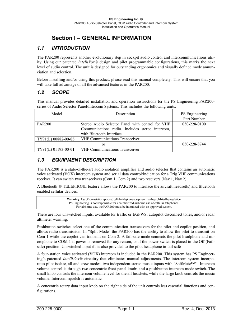 Section i – general information, 1introduction, 2scope | 3equipment description, Section i – general information -1, Introduction -1, Scope -1, Equipment, Description -1 | PS Engineering PAR200 User Manual | Page 4 / 43
