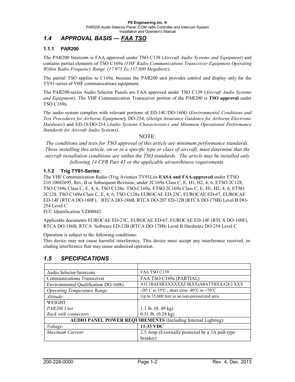 Approval basis — faa tso, Par200, Trig ty91-series | 5specifications, Approval, Basis, Tso -2, Par200 -2, Ty91-s, Eries | PS Engineering PAR200 User Manual | Page 5 / 43