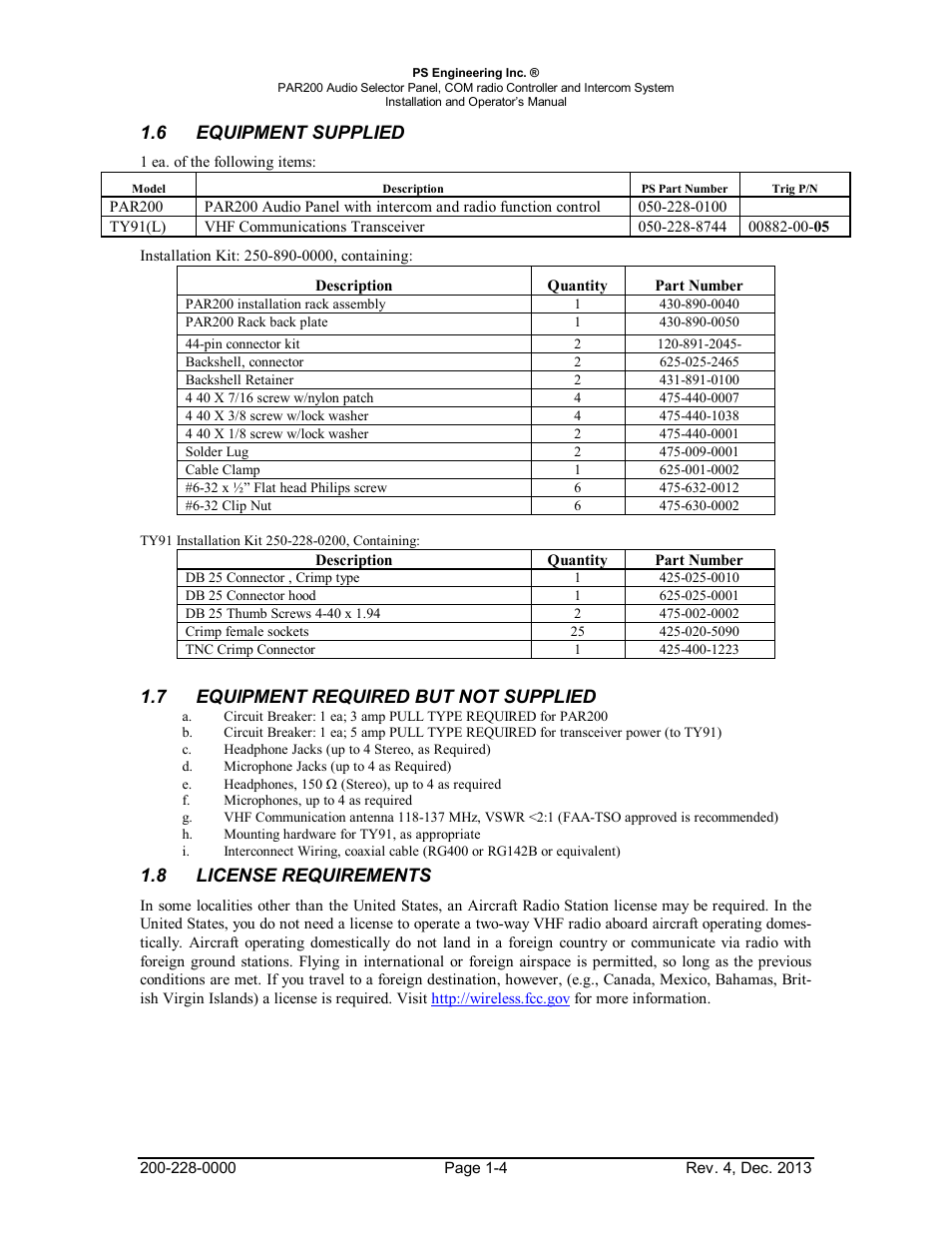 6equipment supplied, 7equipment required but not supplied, License requirements | Equipment, Supplied -4, Required, License, Requirements -4 | PS Engineering PAR200 User Manual | Page 7 / 43