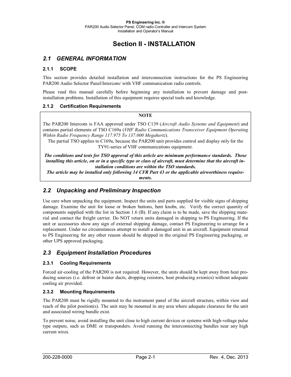 Section ii - installation, General information, Scope | Certification requirements, Unpacking and preliminary inspection, Equipment installation procedures, Cooling requirements, Mounting requirements, Section ii - installation -1, General | PS Engineering PAR200 User Manual | Page 8 / 43