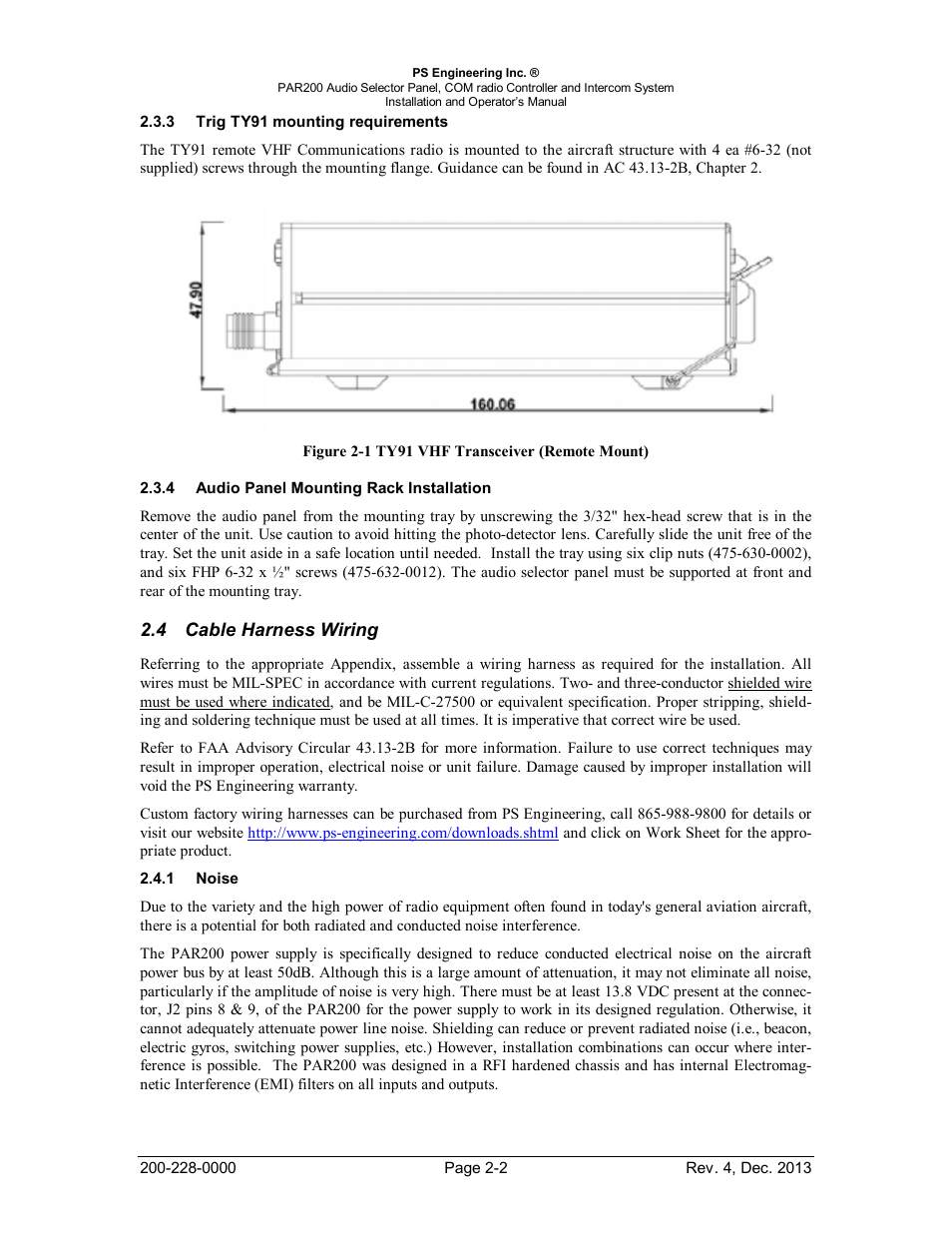 Trig ty91 mounting requirements, Audio panel mounting rack installation, Cable harness wiring | Noise, Ty91, Mounting requirements, Udio, Anel, Ounting, Nstallation | PS Engineering PAR200 User Manual | Page 9 / 43
