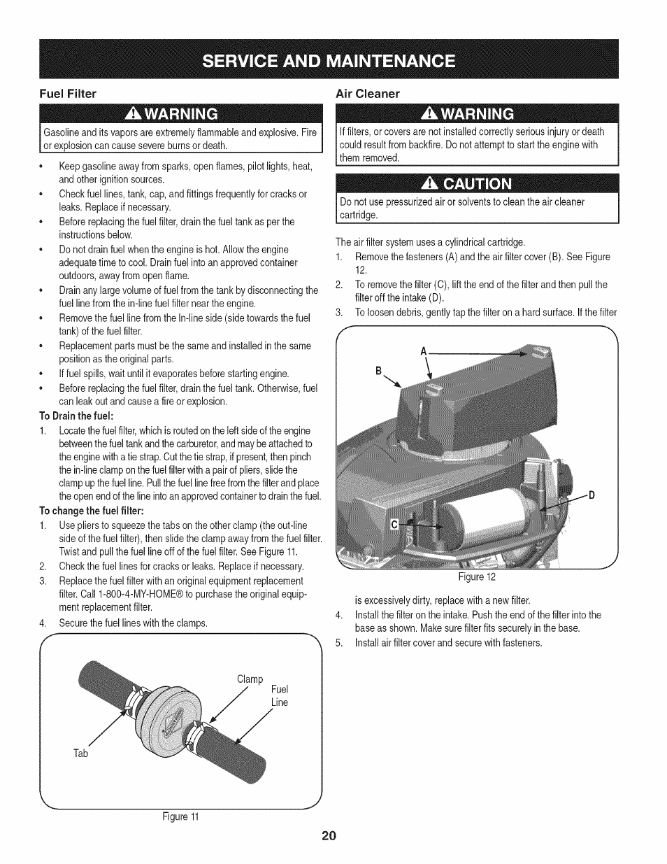 Fuel filter, Awarning, Air cleaner | A caution, Service and maintenance | Craftsman 247.28919 User Manual | Page 20 / 92