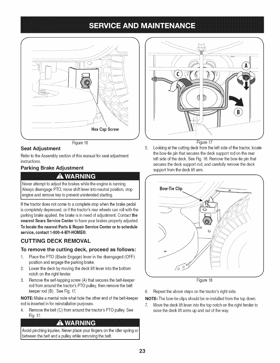 Parking brake adjustment, Awarning, Cutting deck removal | To remove the cutting deck, proceed as follows, Service and maintenance | Craftsman 247.28919 User Manual | Page 23 / 92