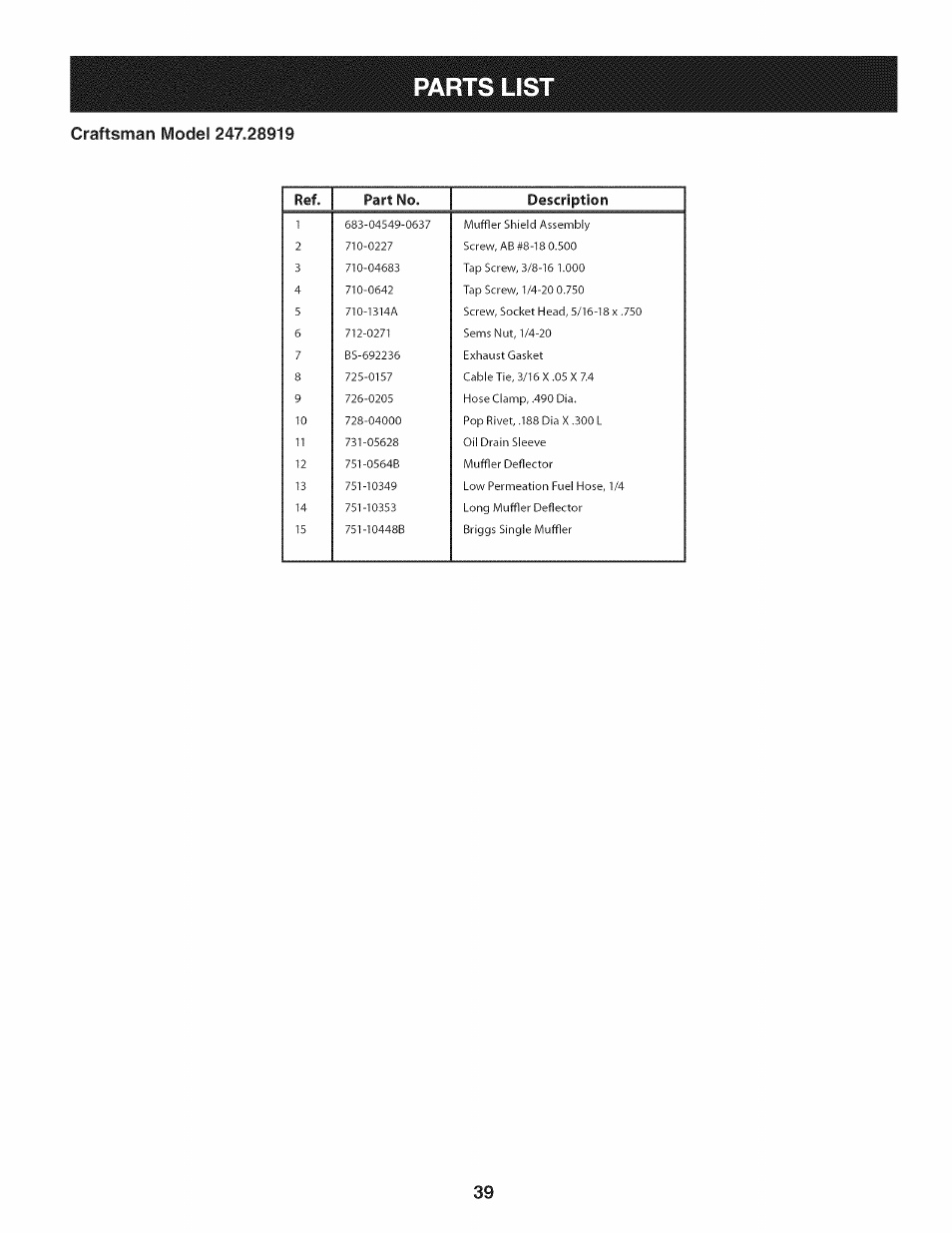 Parts lis | Craftsman 247.28919 User Manual | Page 39 / 92