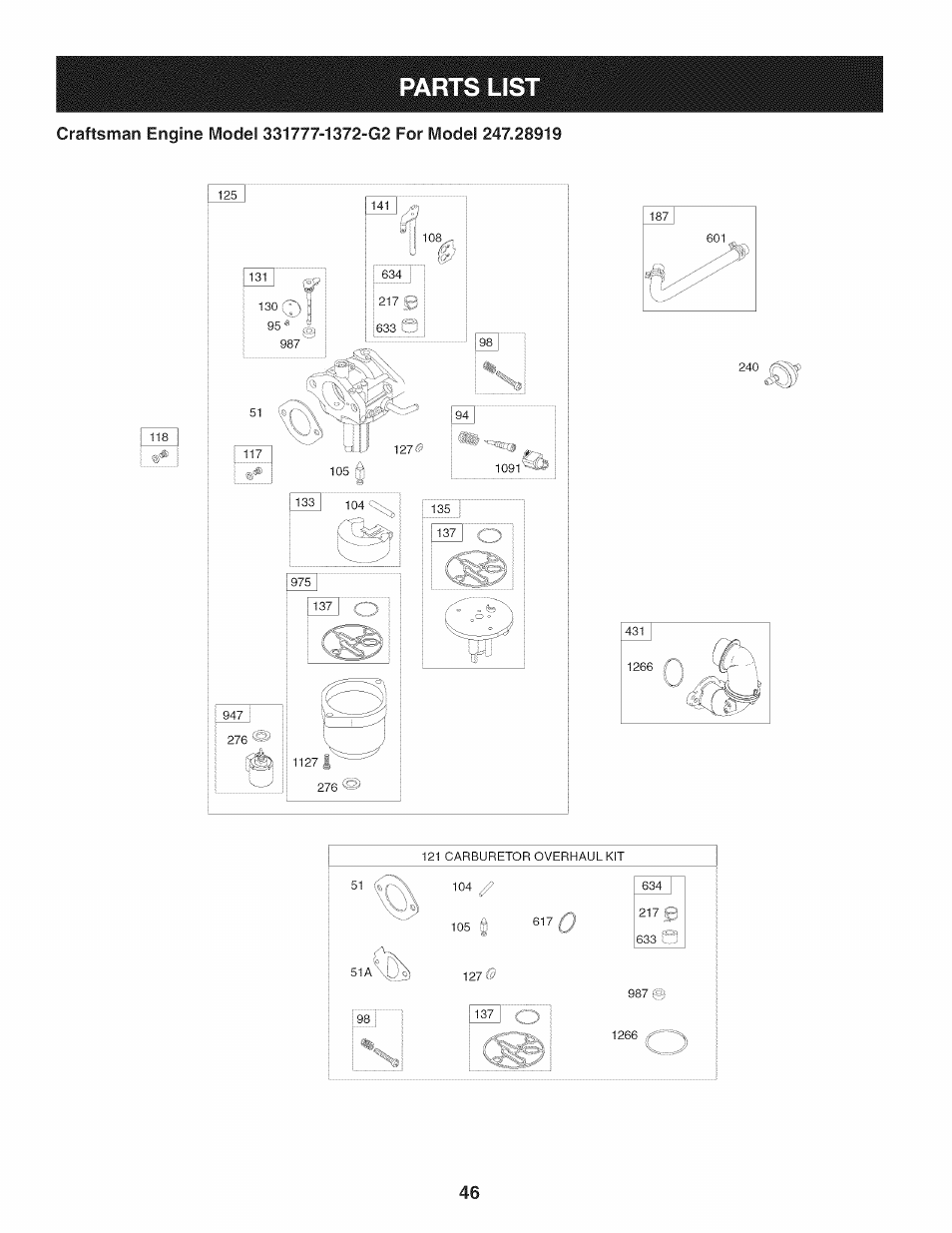 Parts list | Craftsman 247.28919 User Manual | Page 46 / 92