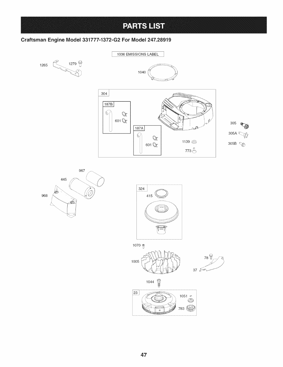 Parts list | Craftsman 247.28919 User Manual | Page 47 / 92