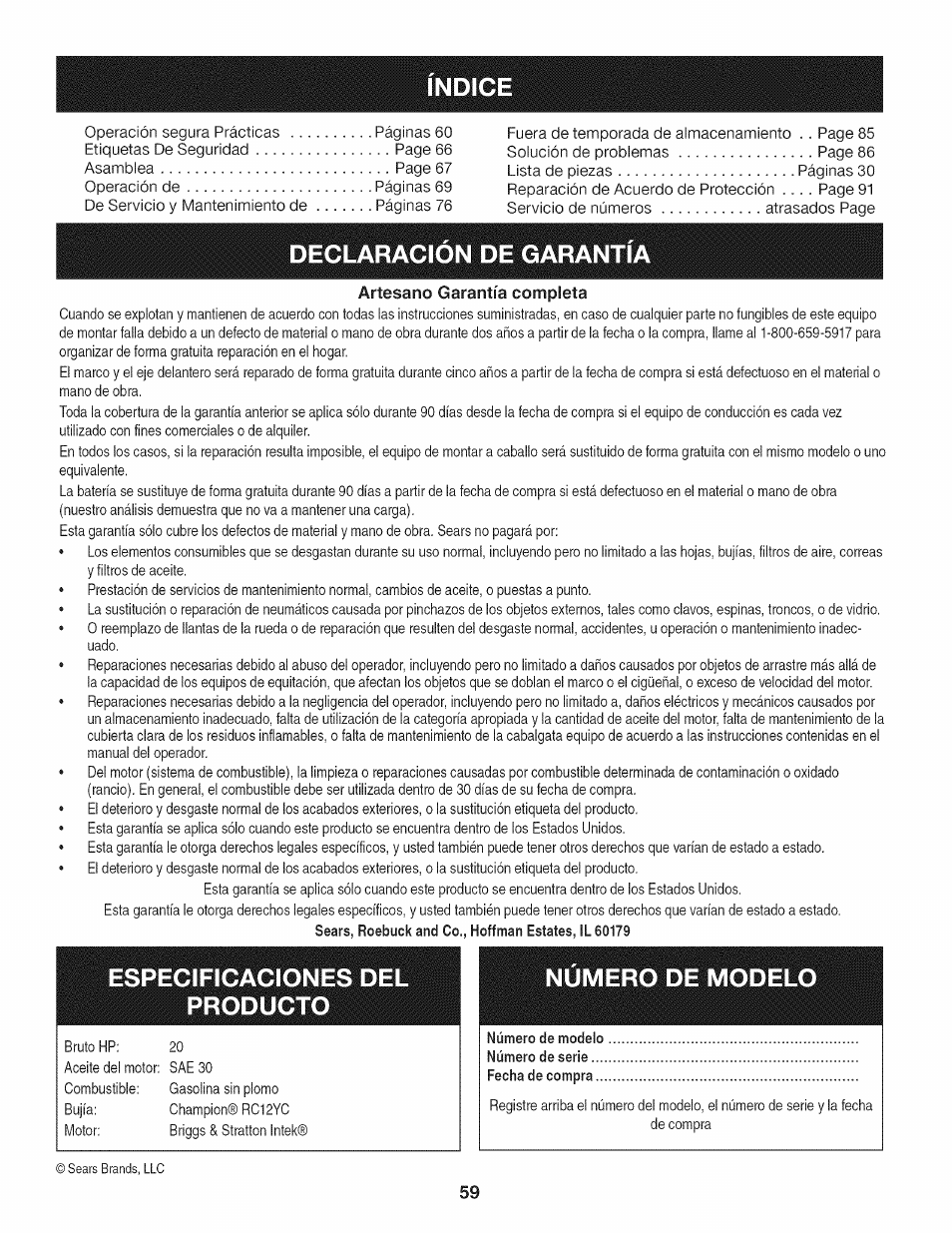 Declaracion de garantia, Artesano garantía completa, Especificacione | Producto, Especificacione producto num | Craftsman 247.28919 User Manual | Page 59 / 92