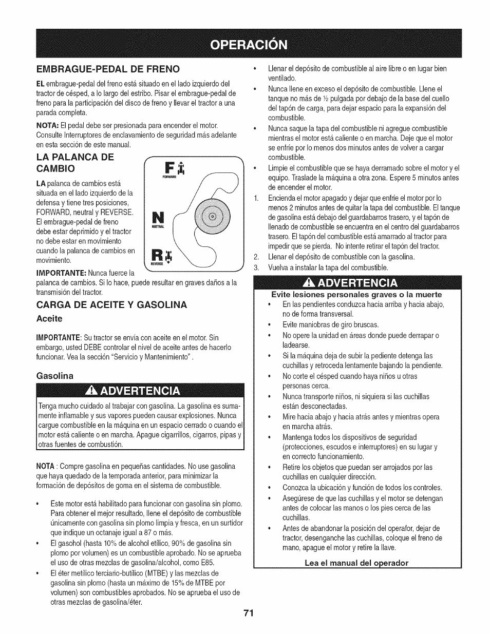 La palanca de cambio, Carga de aceite y gasolina, Aceite | Gasolina, A advertencia, Operacion, Advertencia | Craftsman 247.28919 User Manual | Page 71 / 92