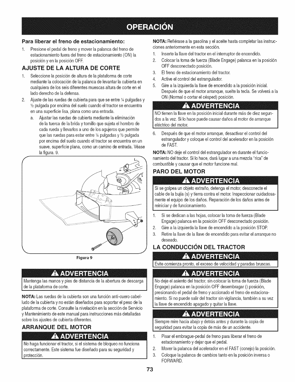 Para liberar el freno de estacionamiento, Ajuste de la altura de corte, A advertencia | Arranque del motor, Paro del motor, La conducción del tractor, Operacion, Advertencia | Craftsman 247.28919 User Manual | Page 73 / 92