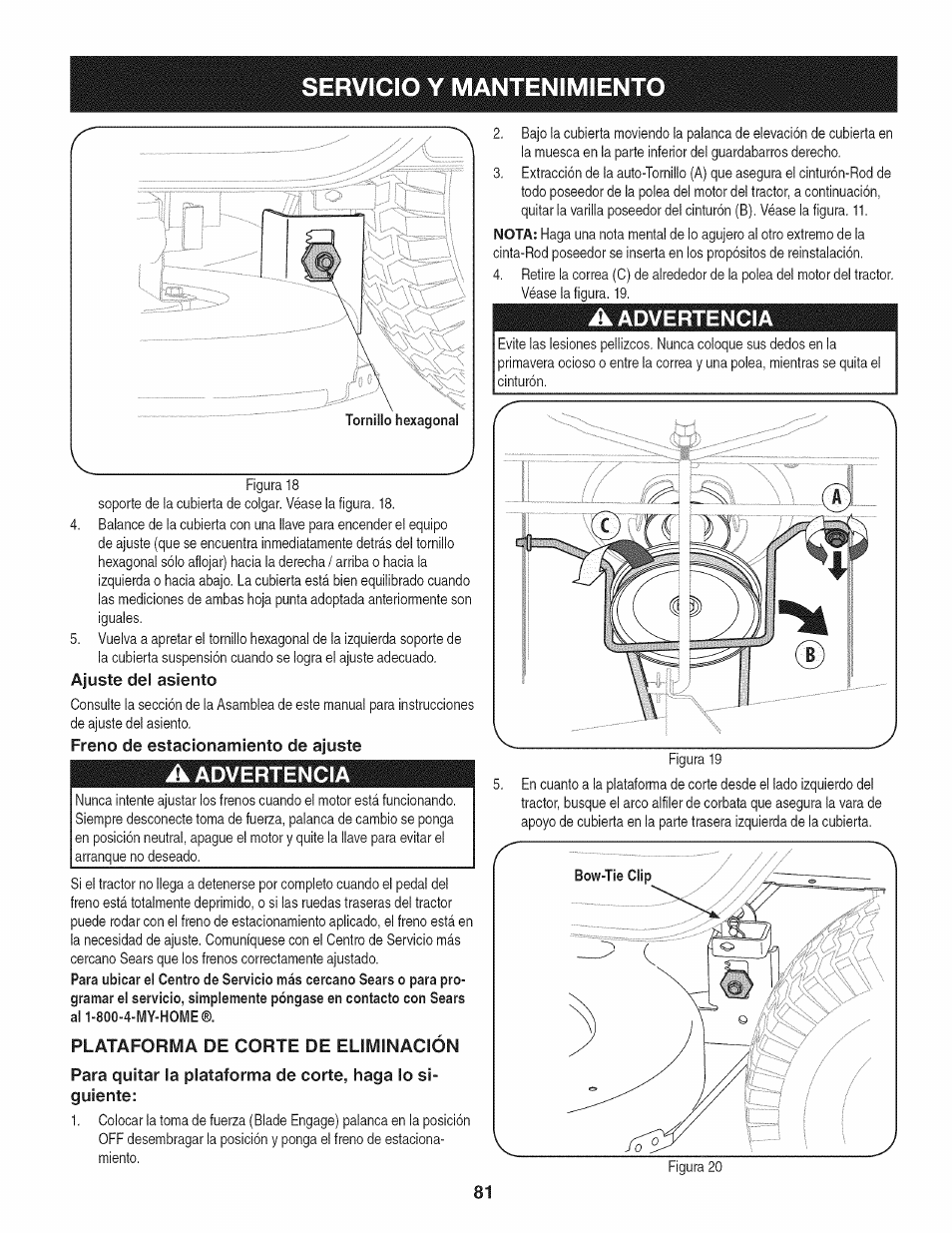 A advertencia, Plataforma de corte de eliminación, Ajuste del asiento | Freno de estacionamiento de ajuste, Servicio y mantenimiento, Advertencia | Craftsman 247.28919 User Manual | Page 81 / 92