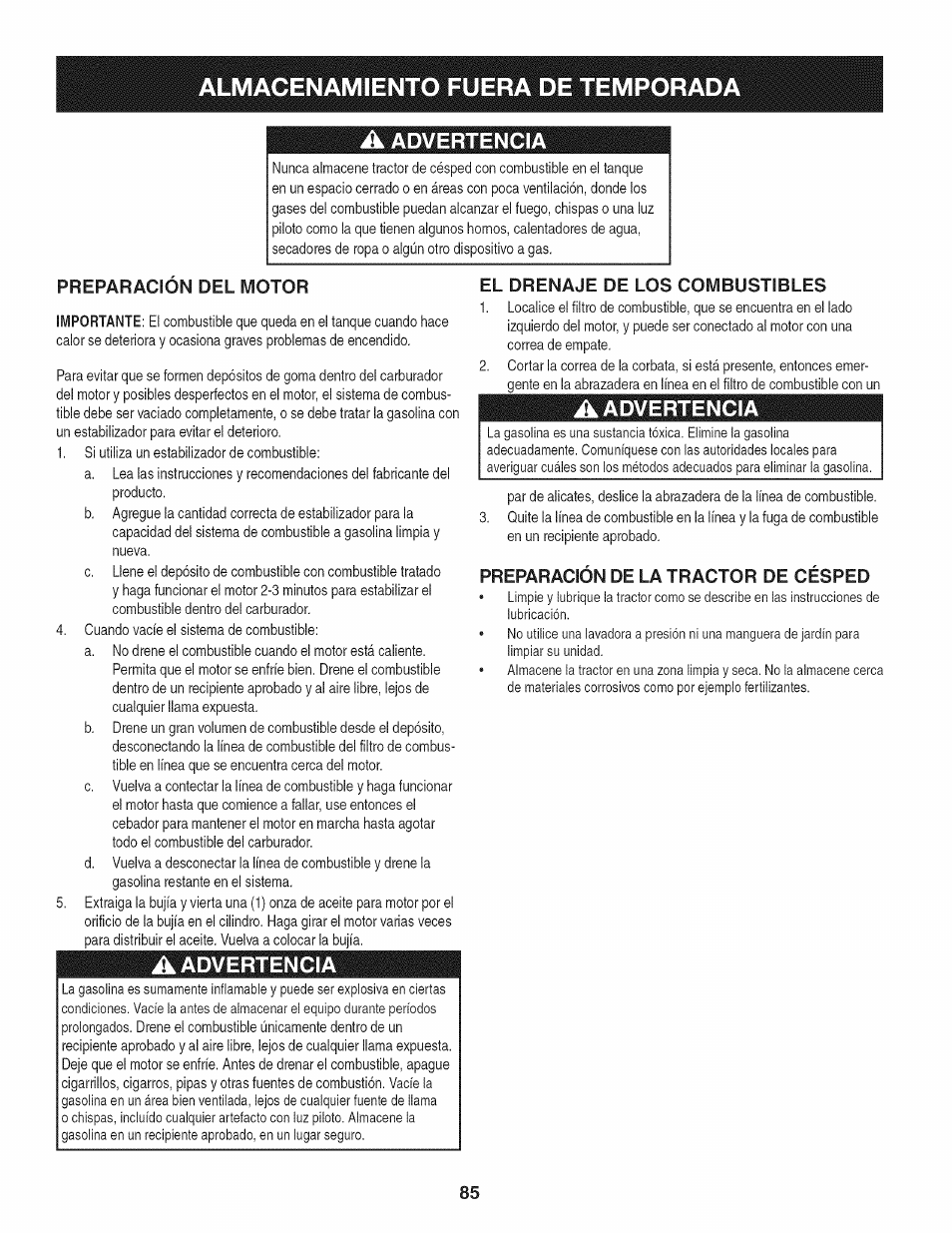 Almacenamiento fuera de temporad, A advertencia, Preparacion del motor | El drenaje de los combustibles, Preparación de la tractor de césped, Almacenamiento fuera de temporad a, Advertencia | Craftsman 247.28919 User Manual | Page 85 / 92