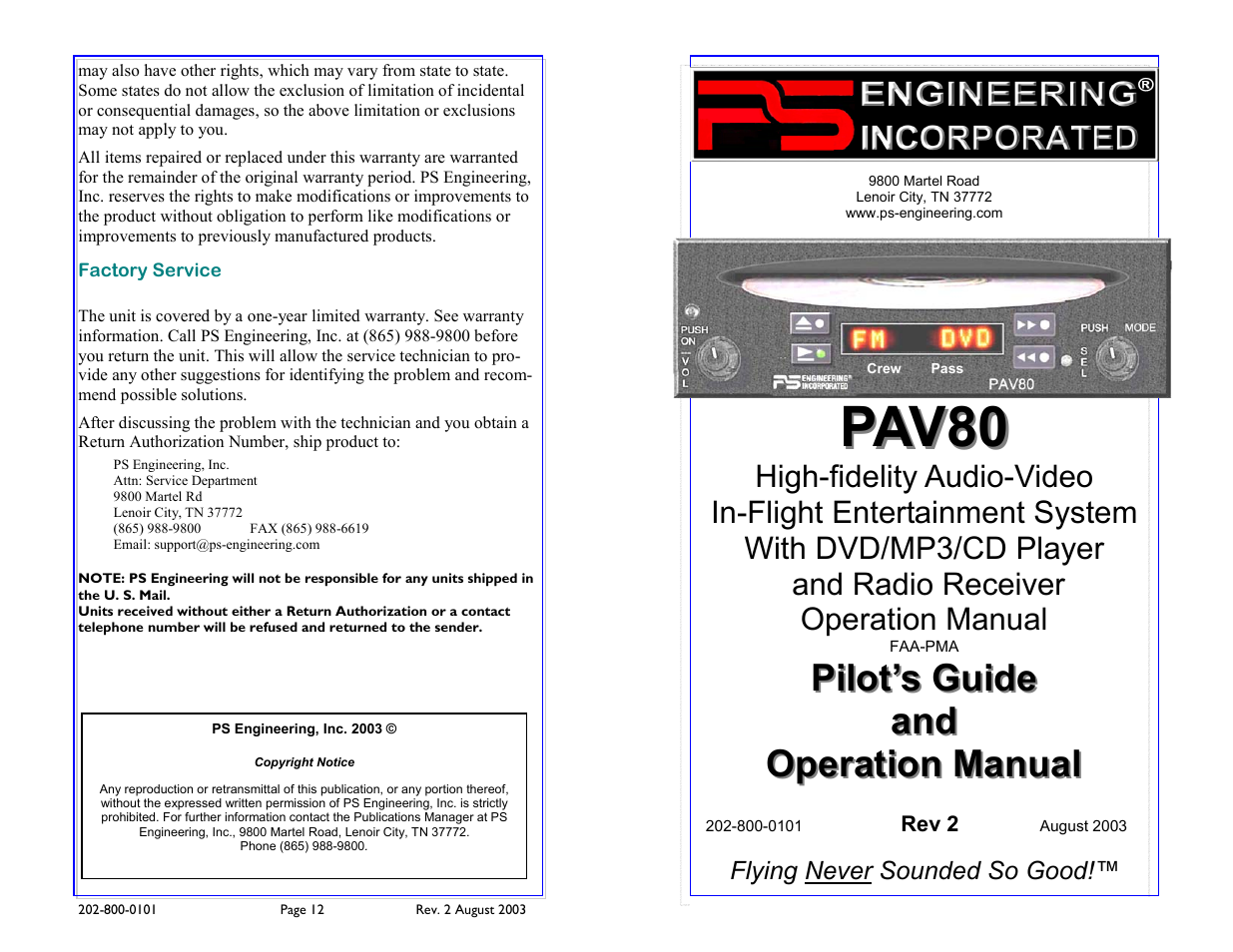 PS Engineering PAV80 Pilot’s Guide User Manual | 6 pages