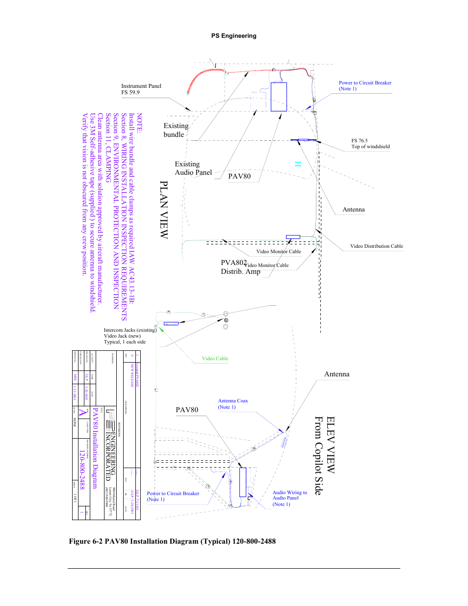 Plan view, Elev view from copilot side, Pva802 distrib. amp | Existing audio panel, Pav80 antenna, Existing bundle, Pav80, Pav80 installation diagram, Antenna | PS Engineering PAV80 Installation Manual User Manual | Page 25 / 36