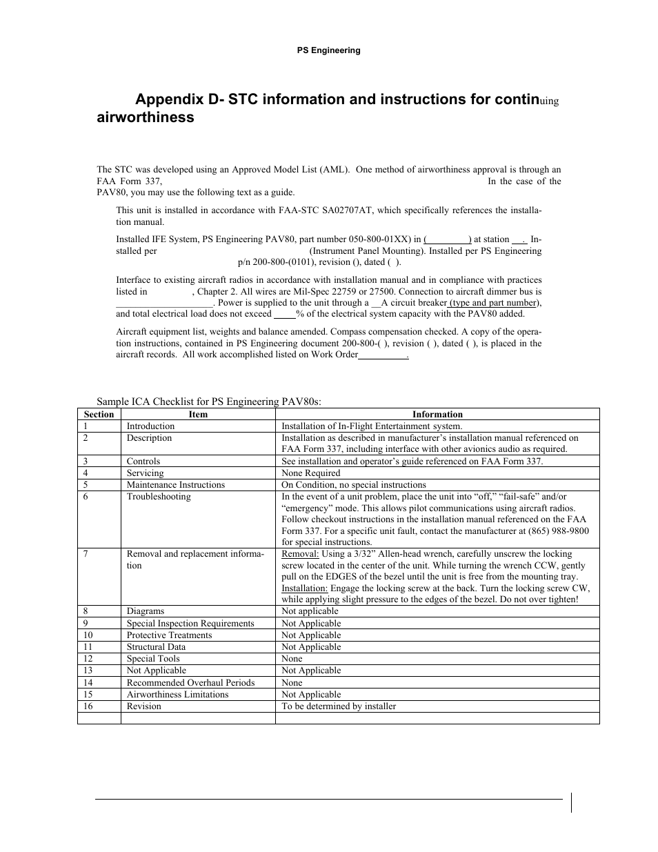 Airworthiness | PS Engineering PAV80 Installation Manual User Manual | Page 33 / 36