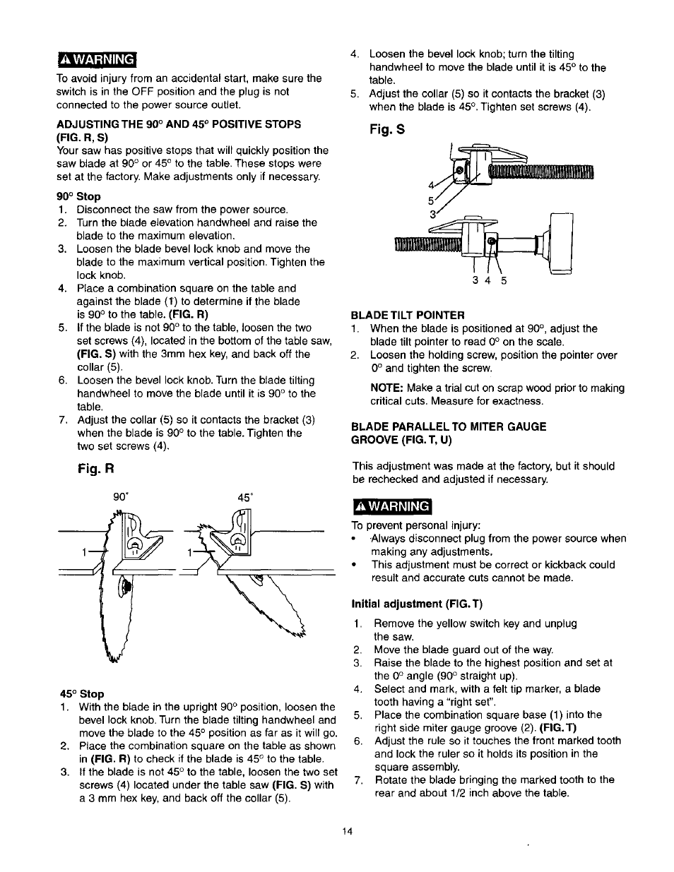 A warning, Fig.r, Fig.s | Blade tilt pointer, Blade parallel to miter gauge groove (fig.t,u), Initial adjustment (fig.t), 45° stop | Craftsman 137.218250 User Manual | Page 14 / 36