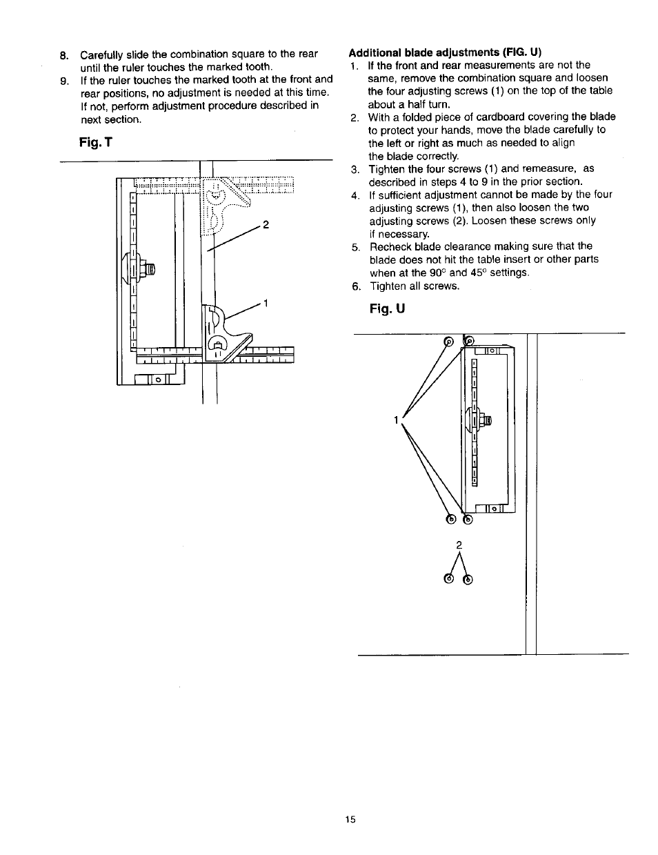 Additional blade adjustments (fig. u), Fig.u, Fig.t | Craftsman 137.218250 User Manual | Page 15 / 36