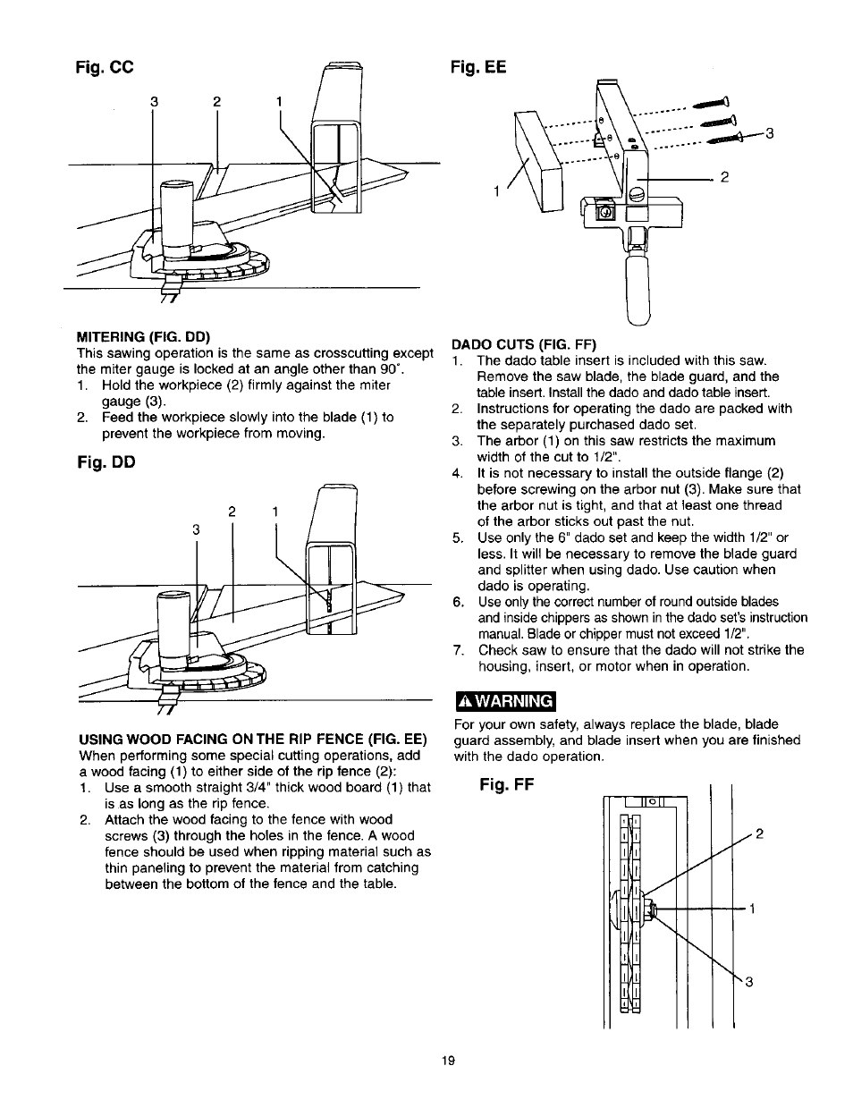 Fig. ee, Fig. dd, Using wood facing on the rip fence (fig. ee) | Dado cuts (fig. ff), A warning, Fig. ff | Craftsman 137.218250 User Manual | Page 19 / 36