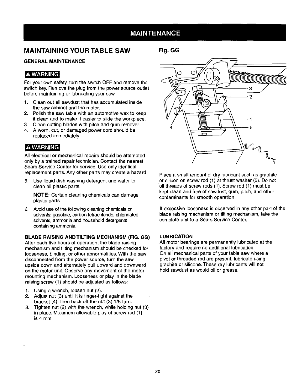 Maintenance, Maintaining your table saw, Awarding | A warning, Fig. gg, Maintenance maintaining your table saw | Craftsman 137.218250 User Manual | Page 20 / 36