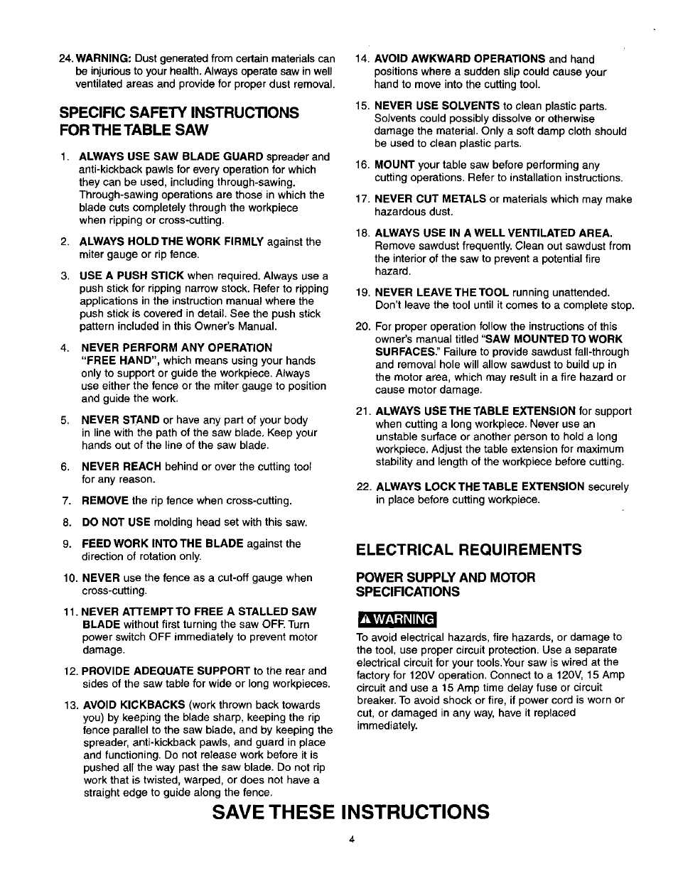 Specific safety instructions for the table saw, Electrical requirements, A warning | Savethese, Instructions | Craftsman 137.218250 User Manual | Page 4 / 36