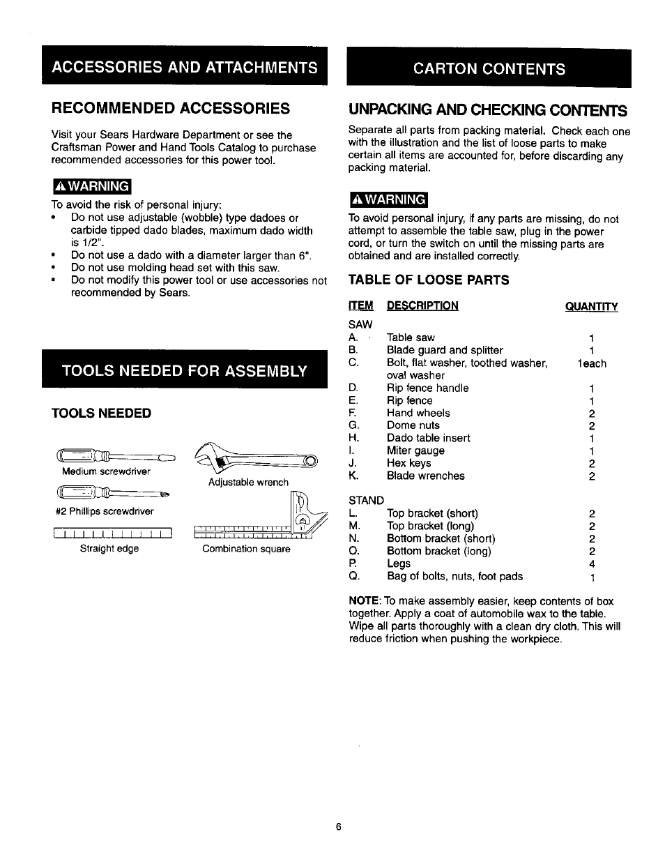 Accessories and attachments, Recommended accessories, Tools needed for assembly | Unpacking and checking contents, I3db | Craftsman 137.218250 User Manual | Page 6 / 36