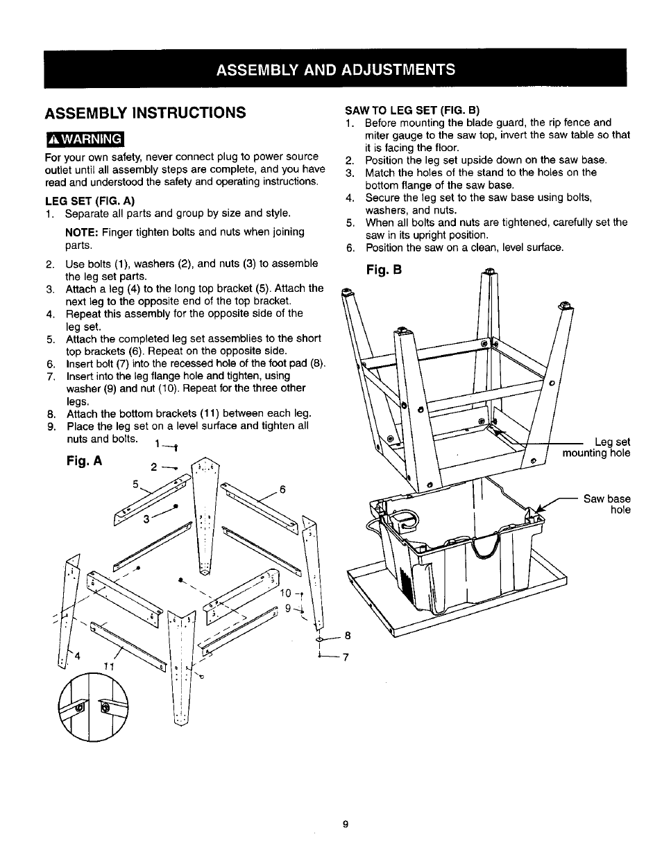 Assembly and adjustments, Assembly instructions, A warning | Assembly and adjustments assembly instructions, Fig.b | Craftsman 137.218250 User Manual | Page 9 / 36