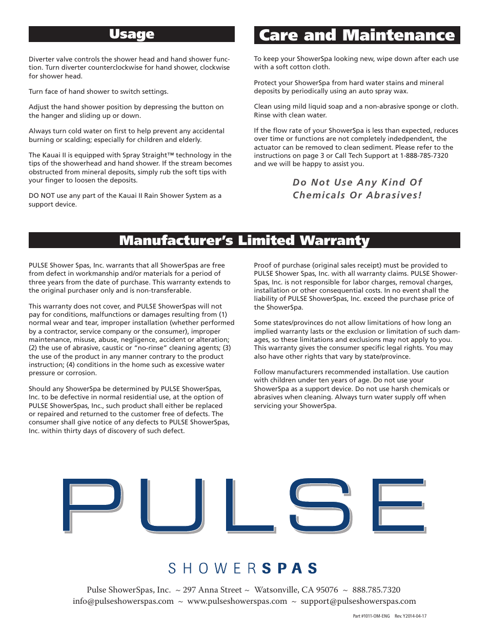 Care and maintenance, Usage, Manufacturer’s limited warranty | PULSE ShowerSpas 1011 Kauai II User Manual | Page 4 / 4