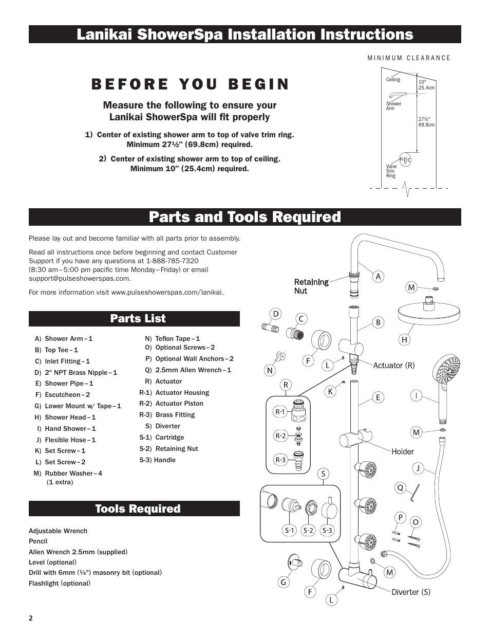 Parts and tools required, Parts list, Tools required | PULSE ShowerSpas 1028 Lanikai User Manual | Page 2 / 4