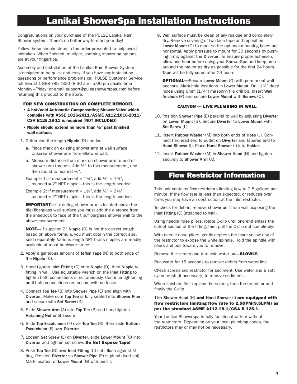 Lanikai showerspa installation instructions, Flow restrictor information | PULSE ShowerSpas 1028 Lanikai User Manual | Page 3 / 4