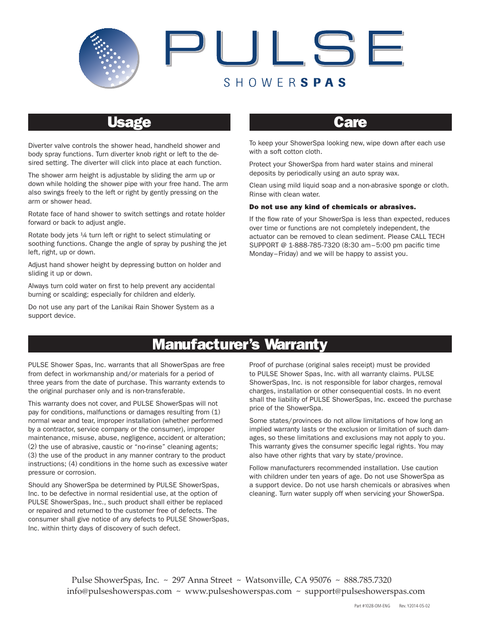 Usage, Care, Manufacturer’s warranty | PULSE ShowerSpas 1028 Lanikai User Manual | Page 4 / 4