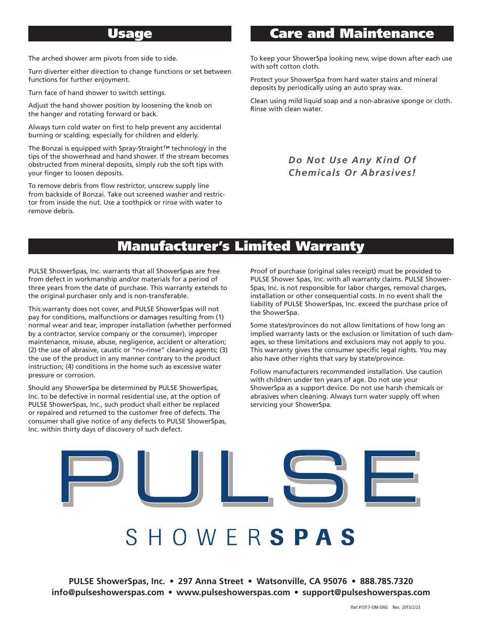 Usage, Care and maintenance, Manufacturer’s limited warranty | PULSE ShowerSpas 1017 Bonzai User Manual | Page 4 / 4