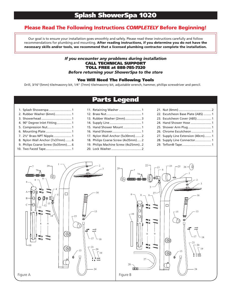 Splash showerspa 1020, Parts legend | PULSE ShowerSpas 1020 Splash User Manual | Page 2 / 4