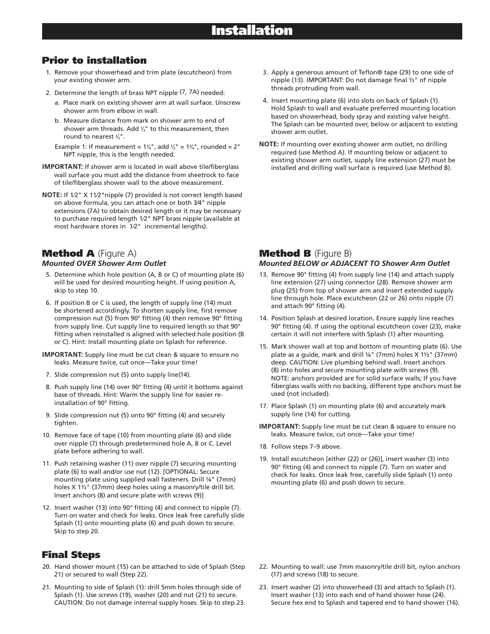 Installation, Prior to installation, Method a (figure a) | Method b (figure b), Final steps | PULSE ShowerSpas 1020 Splash User Manual | Page 3 / 4