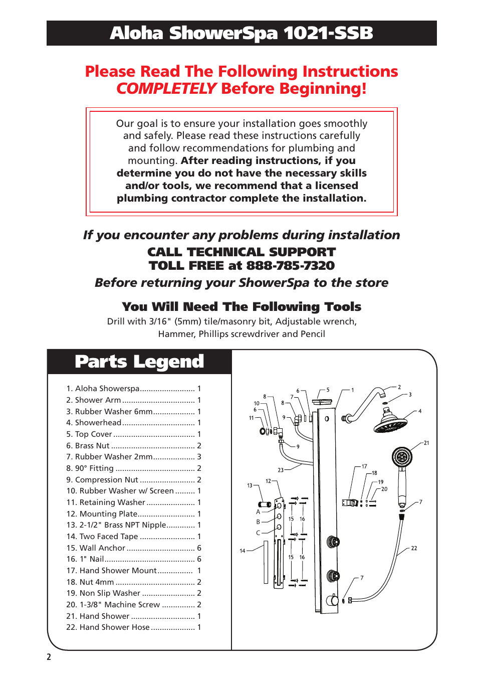 Aloha showerspa 1021-ssb, Parts legend | PULSE ShowerSpas 1021 Aloha User Manual | Page 2 / 4