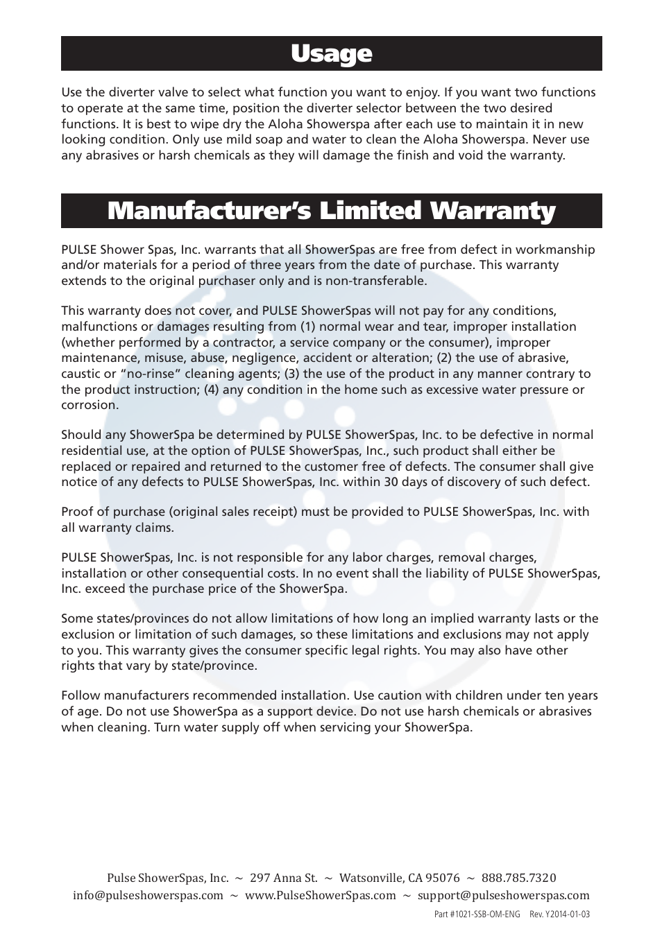 Usage, Manufacturer’s limited warranty | PULSE ShowerSpas 1021 Aloha User Manual | Page 4 / 4