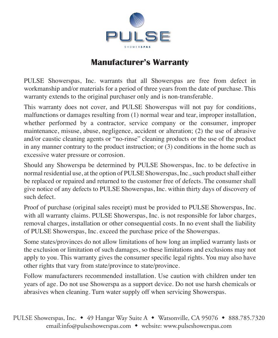 Manufacturer’s warranty | PULSE ShowerSpas 1019 Aqua Rain User Manual | Page 4 / 4