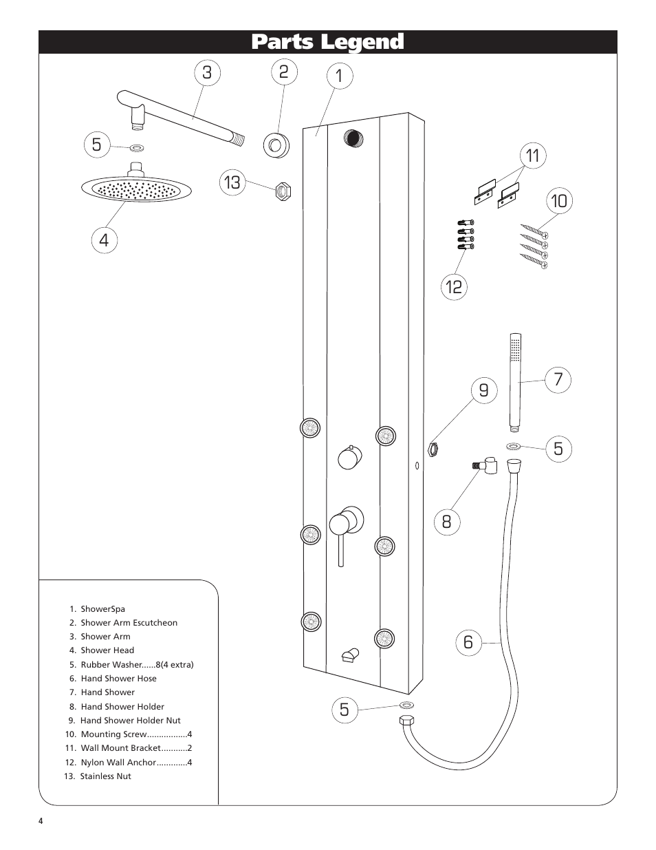 Parts legend | PULSE ShowerSpas 1049B-BN Rio User Manual | Page 4 / 8