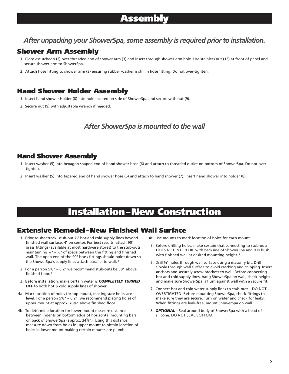 Assembly, Installation – new construction, After showerspa is mounted to the wall | Shower arm assembly, Hand shower holder assembly, Hand shower assembly, Extensive remodel – new finished wall surface | PULSE ShowerSpas 1049B-BN Rio User Manual | Page 5 / 8
