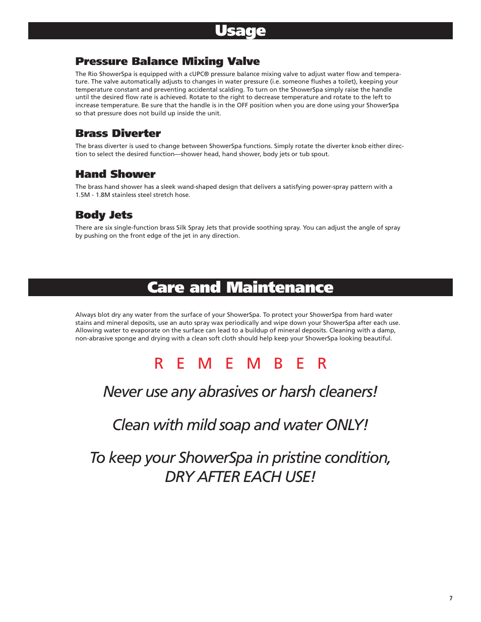 Usage, Care and maintenance | PULSE ShowerSpas 1049B-BN Rio User Manual | Page 7 / 8
