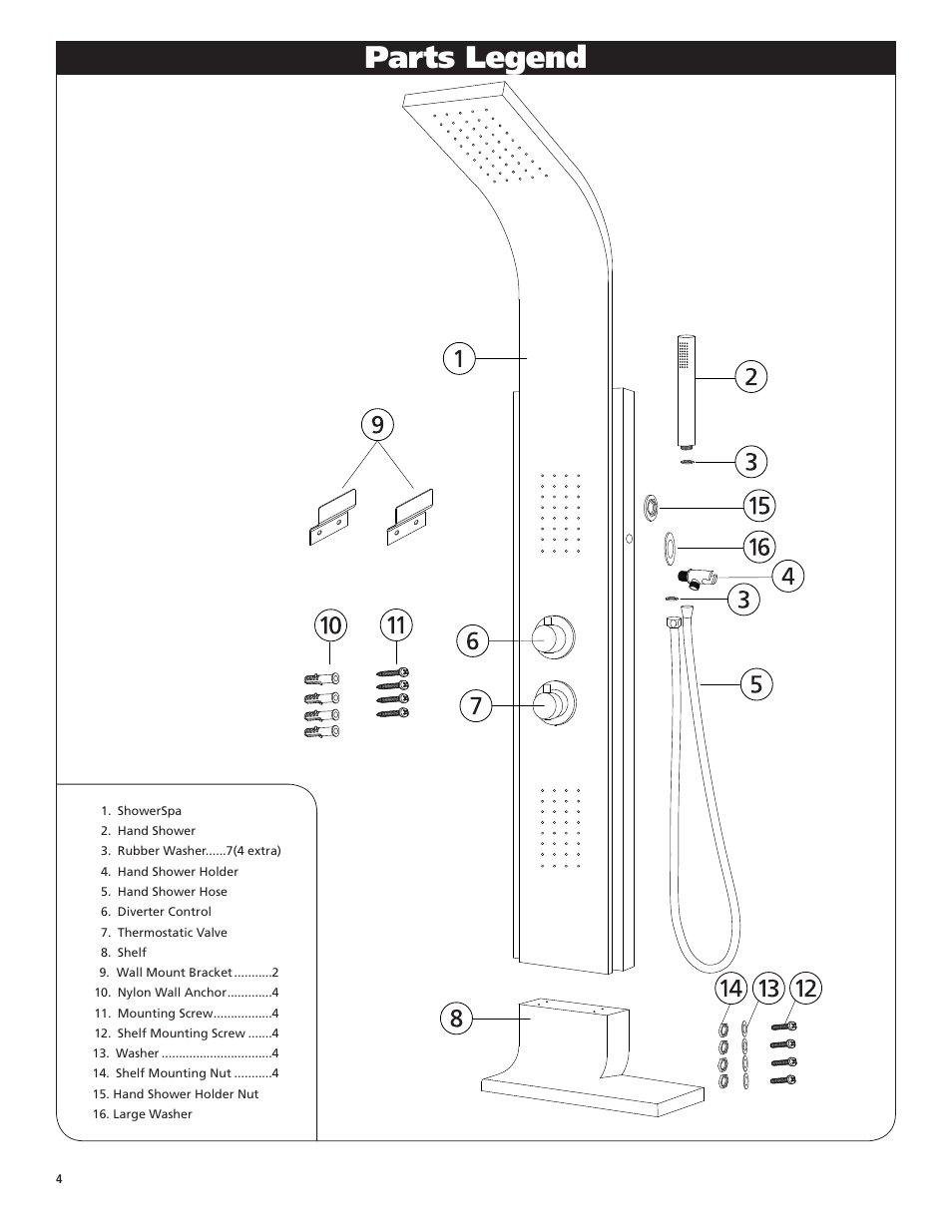 Parts legend | PULSE ShowerSpas 1047W-CH Mirage User Manual | Page 4 / 8