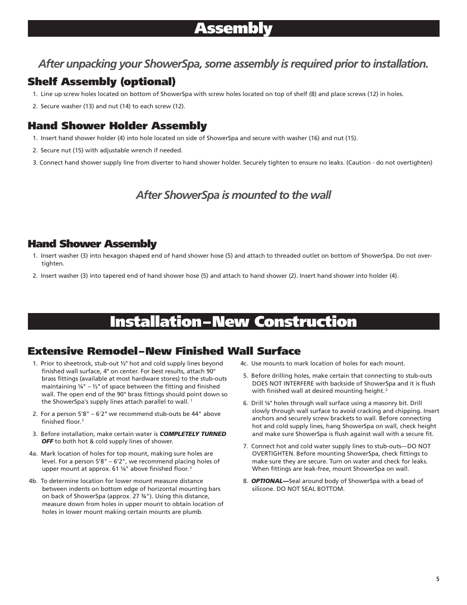 Assembly, Installation – new construction, After showerspa is mounted to the wall | Shelf assembly (optional), Hand shower holder assembly, Hand shower assembly, Extensive remodel – new finished wall surface | PULSE ShowerSpas 1047W-CH Mirage User Manual | Page 5 / 8