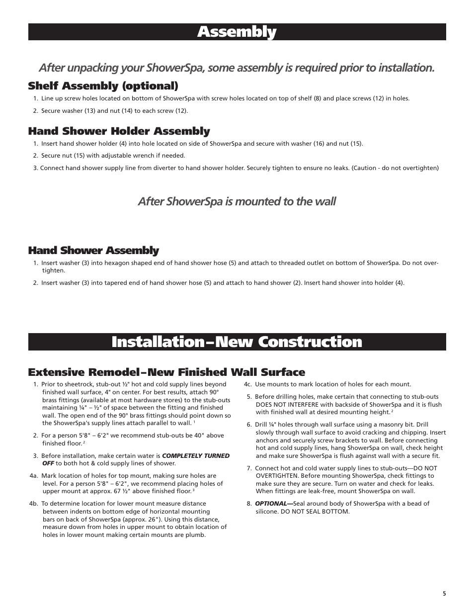 Assembly, Installation – new construction, After showerspa is mounted to the wall | Shelf assembly (optional), Hand shower holder assembly, Hand shower assembly, Extensive remodel – new finished wall surface | PULSE ShowerSpas 1048B-BN Niagara User Manual | Page 5 / 8